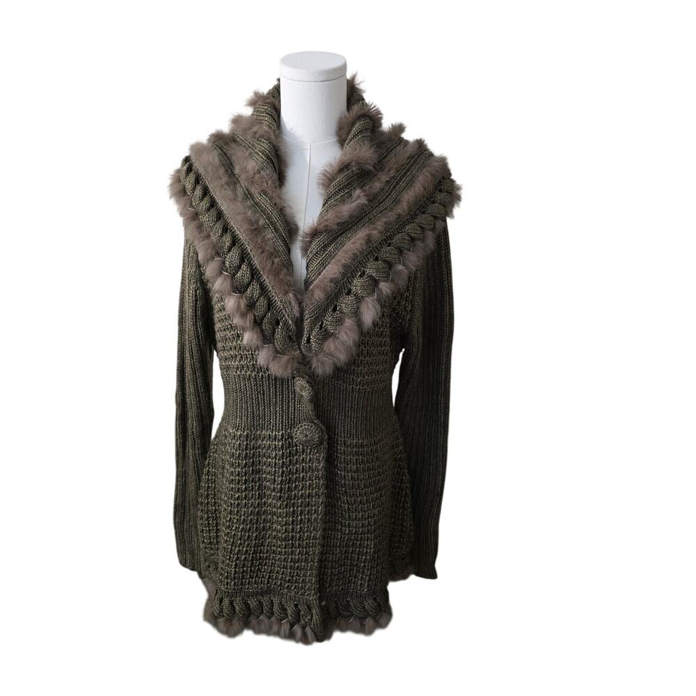 Vintage Sloni Sz XL Brown Knit Rabbit Fur Cardigan Sweater Boho Cottagecore